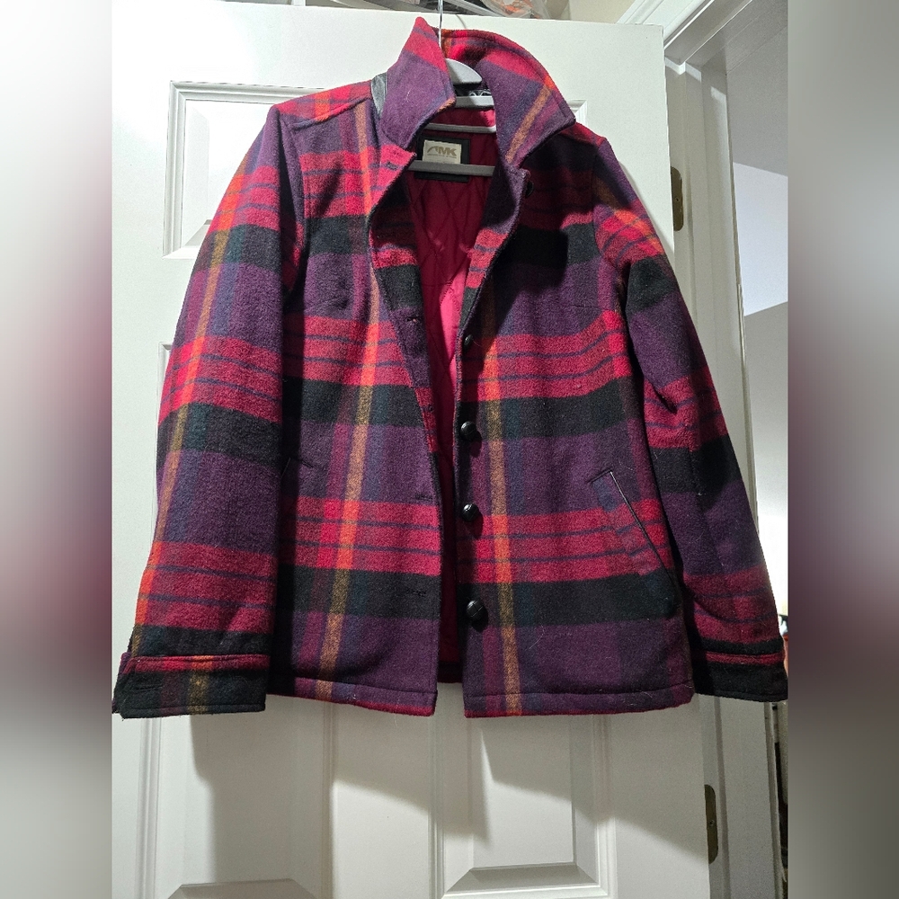 Mountain KHAKIS  Red and Purple Plaid Pea Coat. Outer Shell Is  50% Wool.